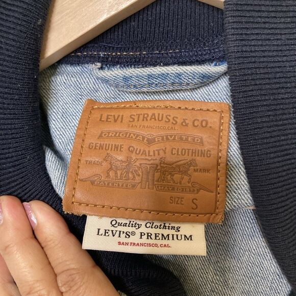 LEVI'S Premium Denim Bomber Blue/Red/White Jacket Snap Up Womens Small RARE 90s - Picture 16 of 16